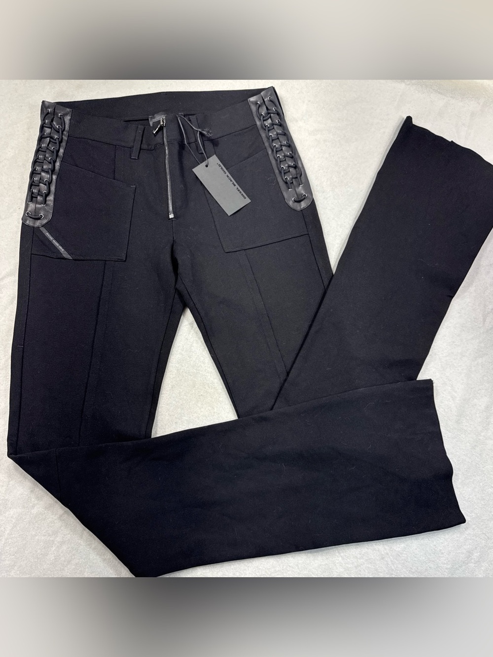 Diesel Black Gold Side Lace Front Open Zip Boot Leg Pants Size 10 (42) MSRP $350